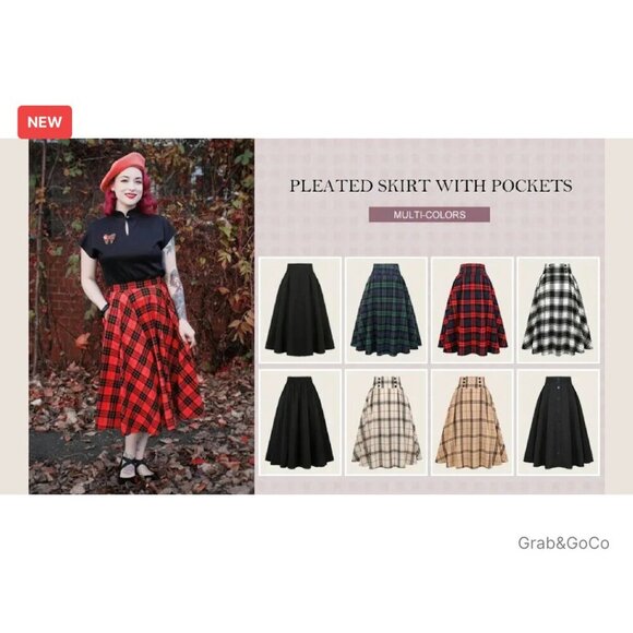 Plaid Pleated Midi Skirt High Waist A-Line Vintage Y2K Chic Casual - Picture 8 of 8